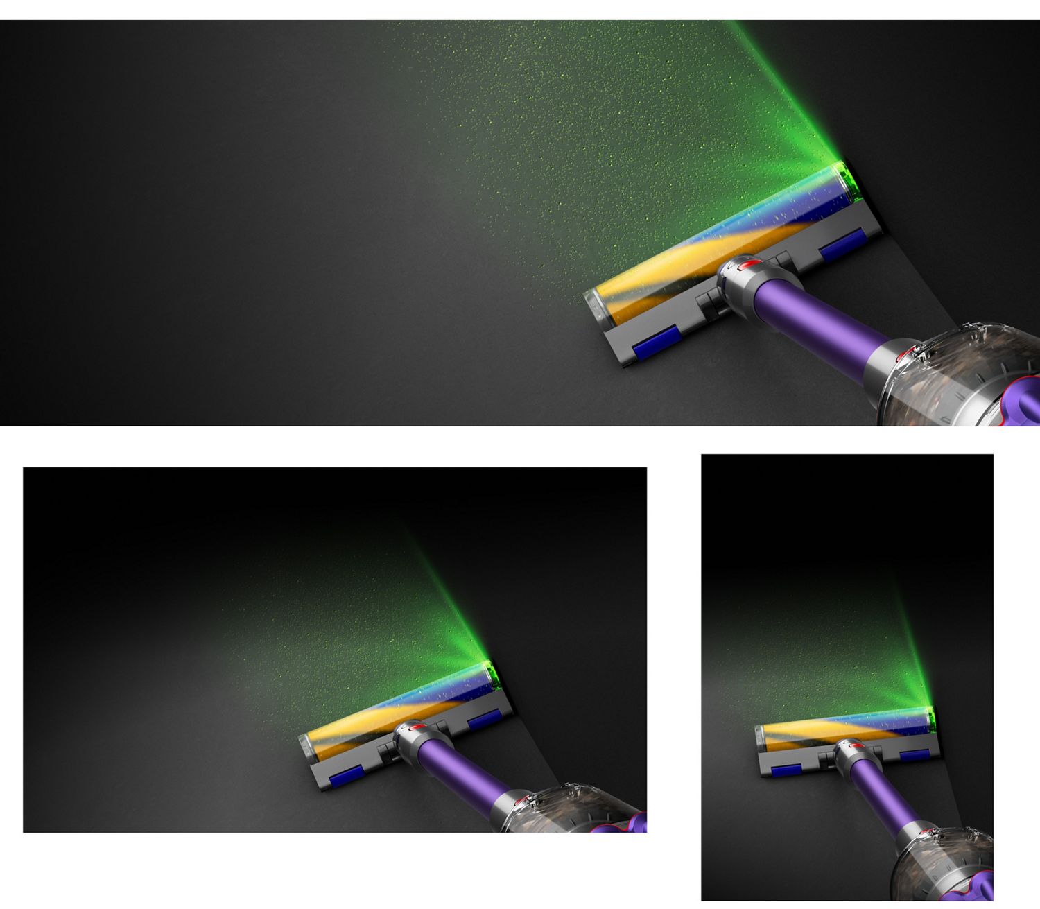 The Fluffy Optic cleaner head illuminating dust on the floor.